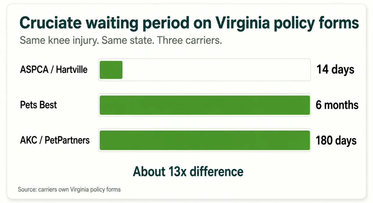 Chart comparing cruciate ligament waiting periods on Virginia policy forms, from 14 days to 180 days
