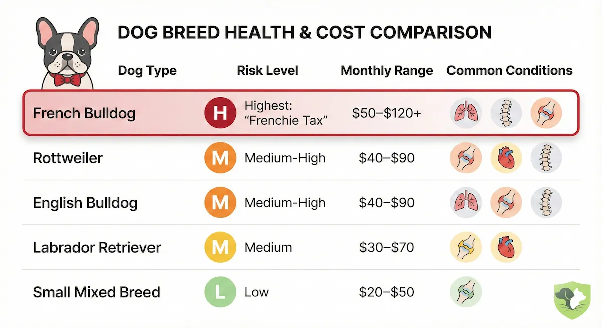 The Frenchie Tax Explained: French Bulldogs cost $92-113/month to insure due to BOAS and spinal issues vs $30 for mixed breeds