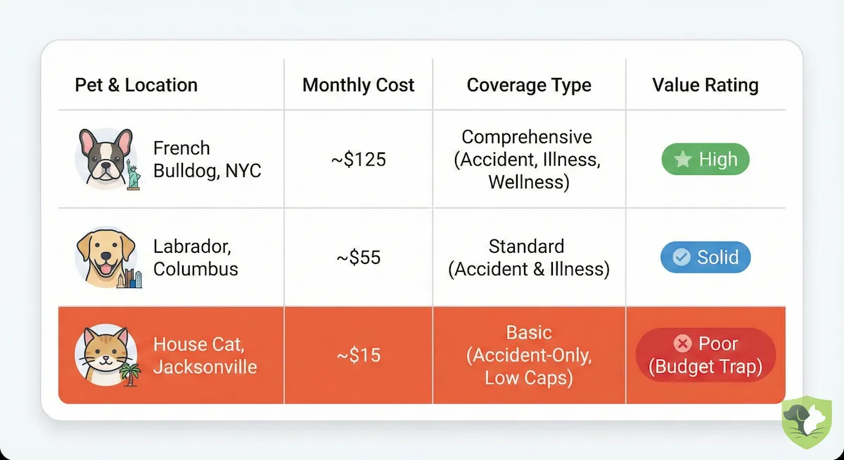 2026 Pet Insurance Cost Comparison: Side-by-side analysis of French Bulldog ($130-150), Labrador ($40), and House Cat ($9.50) insurance scenarios