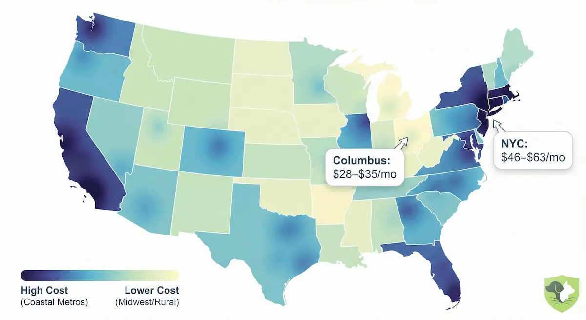 Pet Insurance Coastal Premium Map 2026: US map showing higher premiums in coastal cities like NYC, LA, and Boston vs lower rates in Midwest