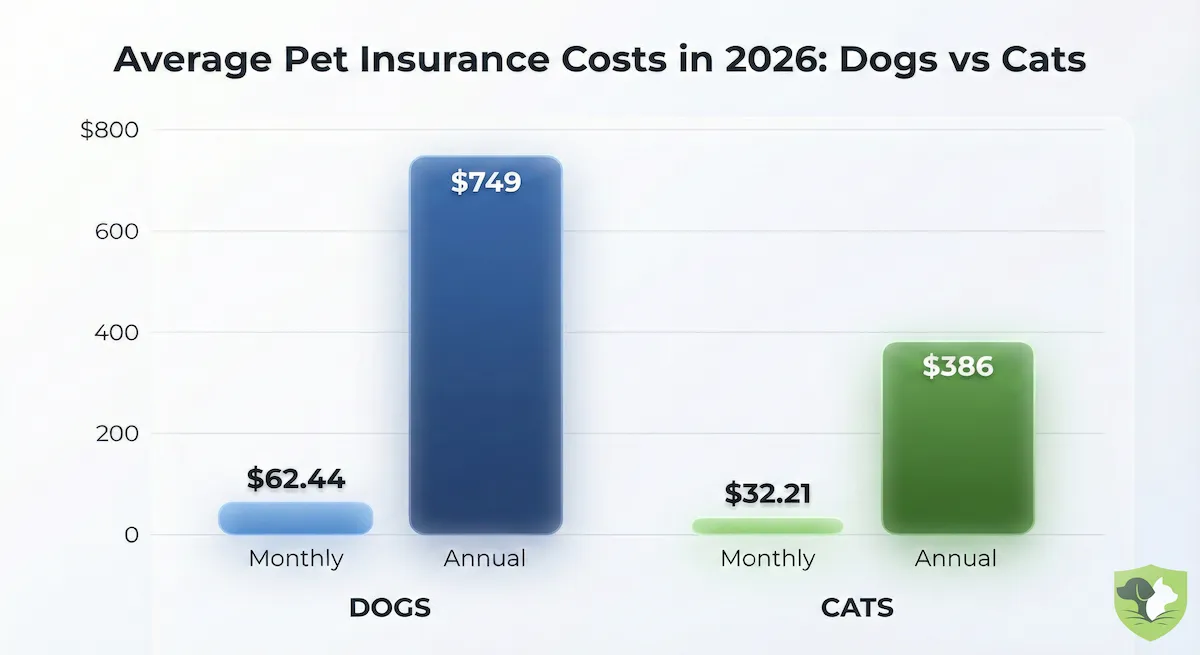 2026 National Pet Insurance Averages Chart comparing dog vs cat monthly premiums across different coverage tiers