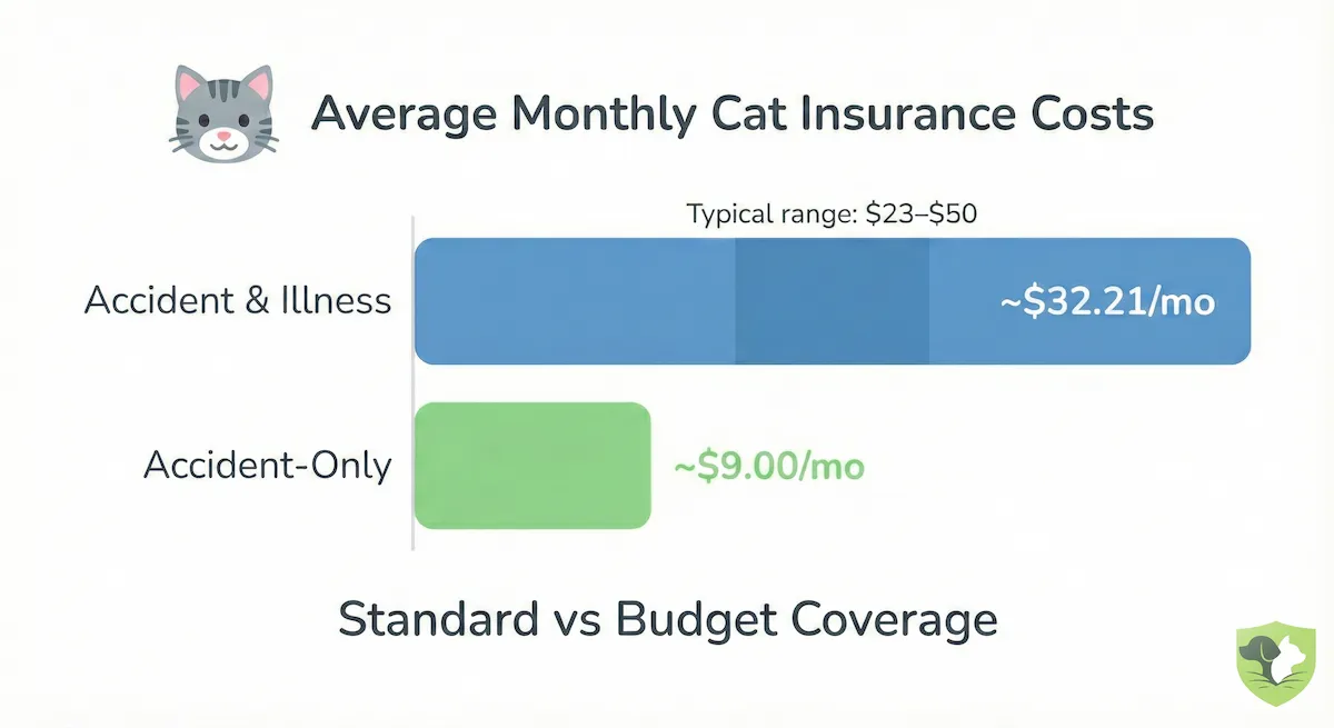 Cat Insurance Plan Costs 2026: Monthly premium breakdown showing $32 average for comprehensive and $9 for accident-only coverage