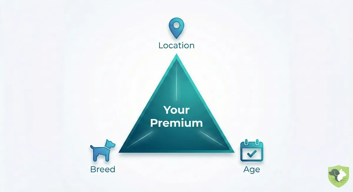Pet Insurance Risk Triangle Infographic: Three key factors affecting your premium - Location, Breed, and Age