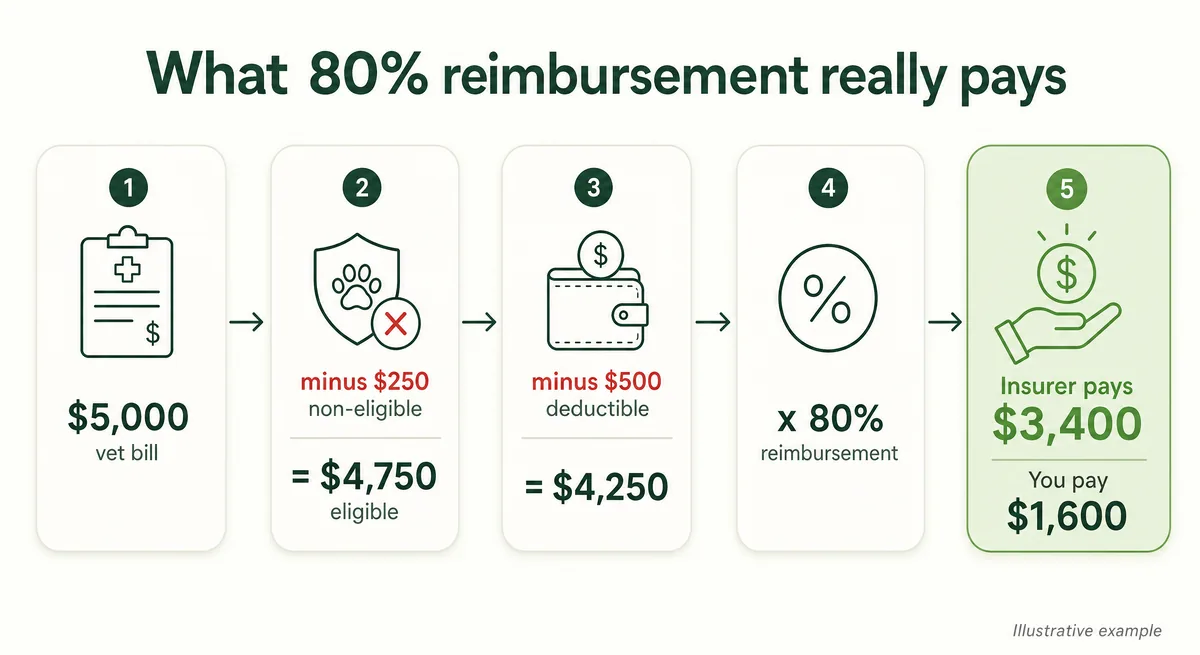 Step-by-step flow showing how 80% reimbursement on a $5,000 vet bill becomes a $3,400 insurer payment