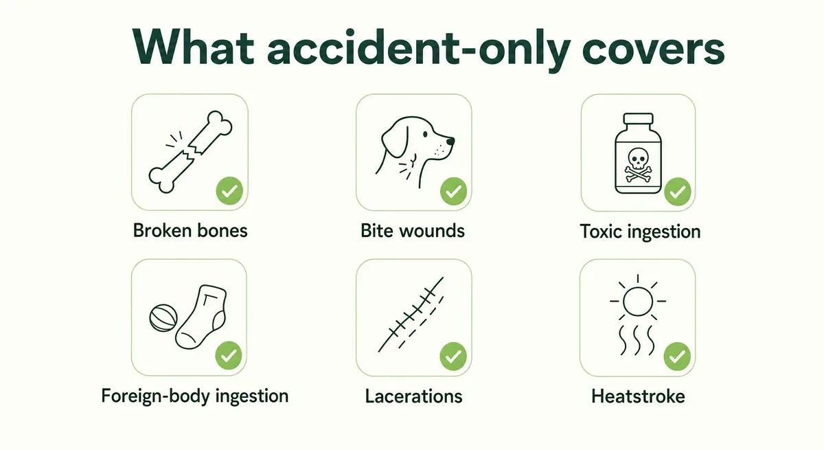 Checklist infographic of the six core perils accident-only pet insurance covers — broken bones, bite wounds, toxic ingestion, foreign-body ingestion, lacerations, and heatstroke