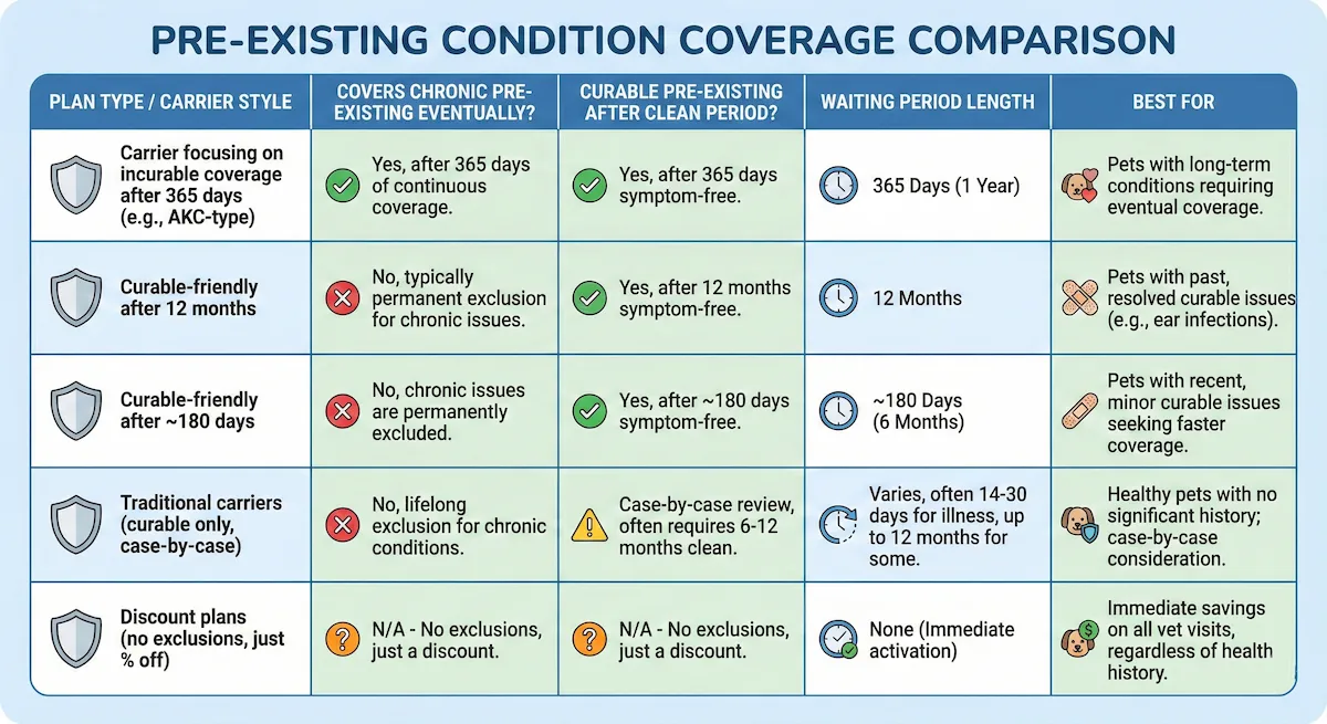 Comparison chart showing how AKC, Embrace, Spot, ASPCA, Pumpkin, and Pet Assure handle pre-existing conditions in 2026