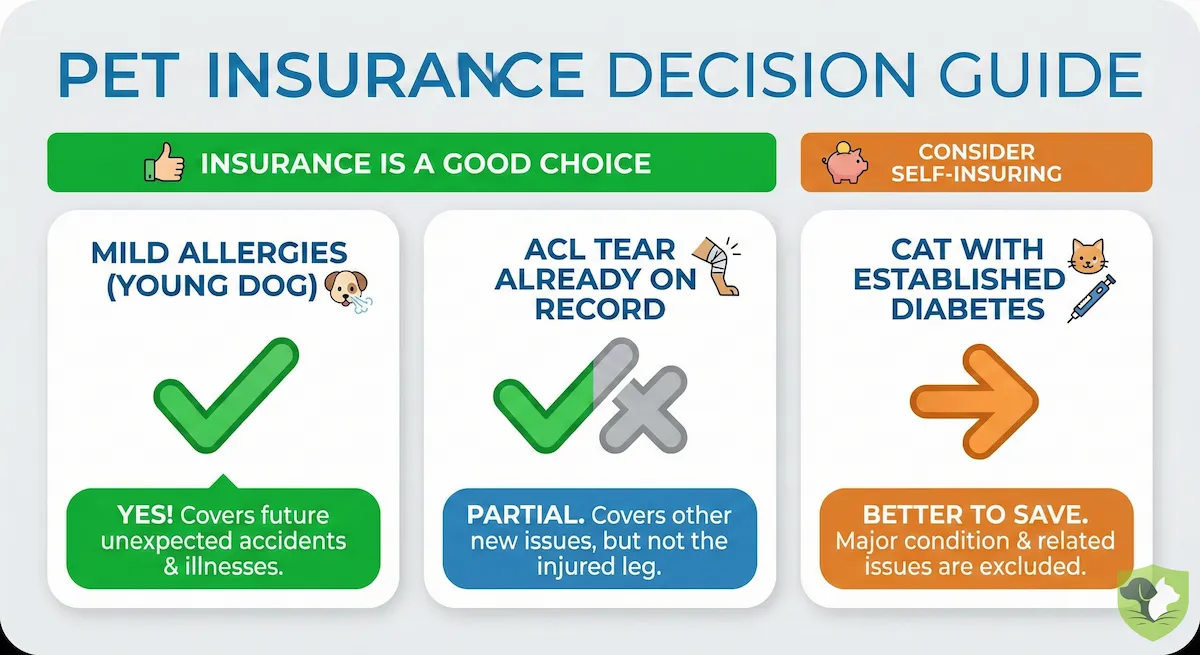 Decision matrix showing when pet insurance is worth it for pre-existing conditions like allergies, ACL tears, and diabetes