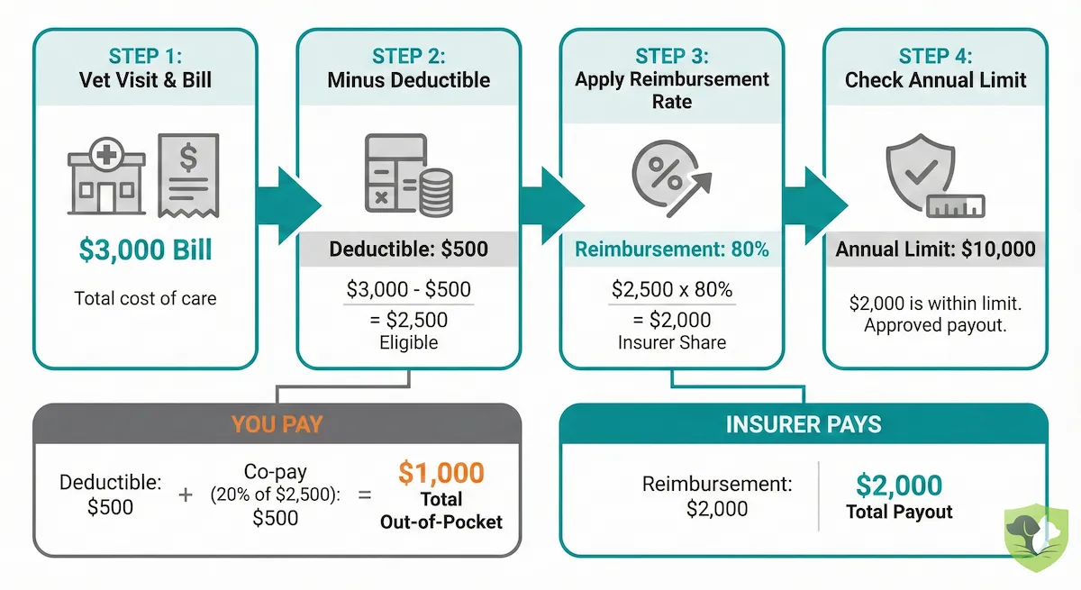 Diagram explaining how pet insurance reimbursement works with deductible, reimbursement rate, and annual limit