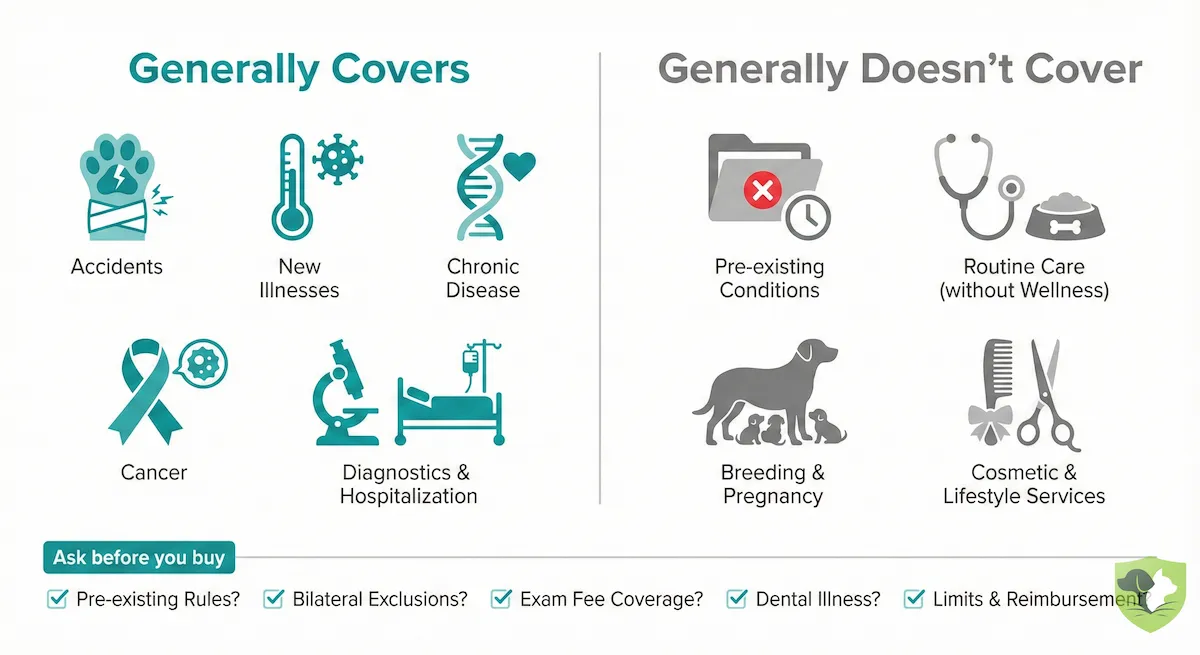 Summary of key takeaways about what pet insurance covers, what it doesn't cover, and questions to ask before buying