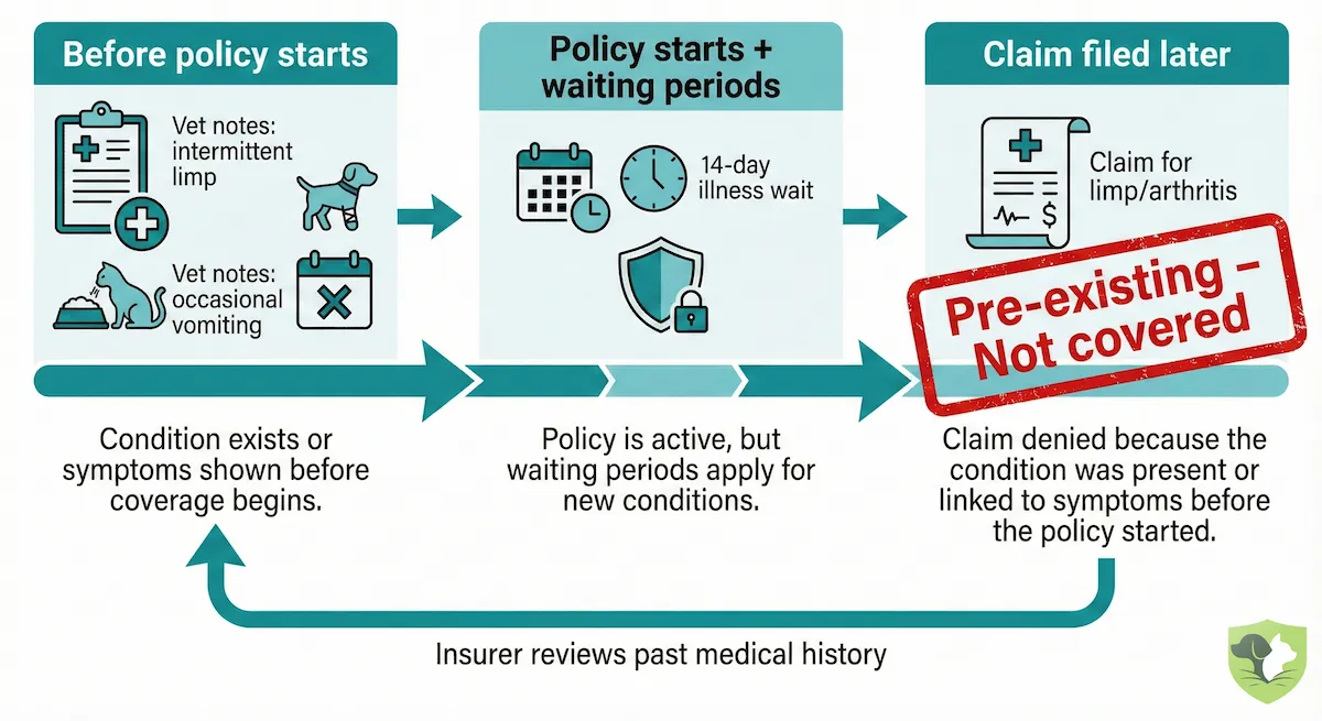 Timeline showing how pet insurance companies define and deny claims based on pre-existing conditions in medical records