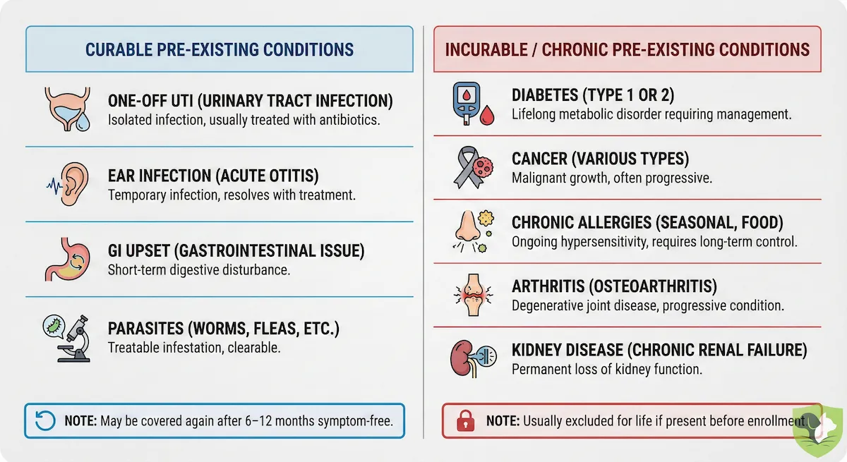 Chart comparing curable vs incurable pre-existing conditions and how each type is treated by pet insurers