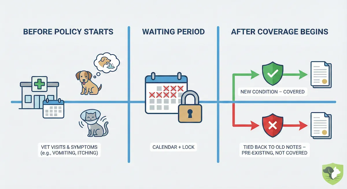 Timeline showing how insurers determine if a condition is pre-existing based on when symptoms first appeared