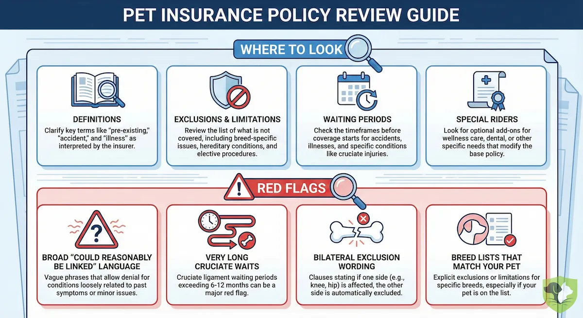 Red flags to look for in pet insurance fine print including broad exclusion language, long waiting periods, and bilateral clauses