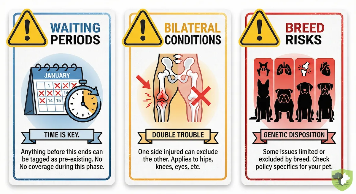 Infographic showing hidden traps in pet insurance including waiting periods, bilateral exclusions, and breed-specific limitations