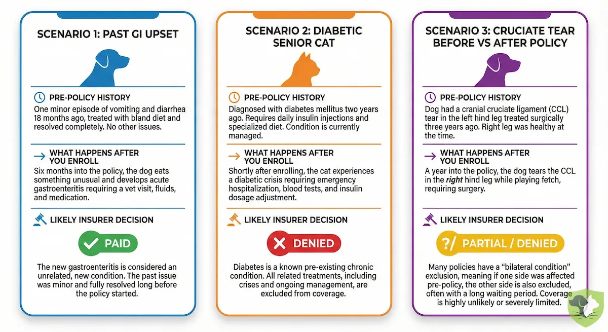 Three real-world pet insurance claim scenarios for pre-existing conditions: GI upset, diabetic cat, and cruciate tear