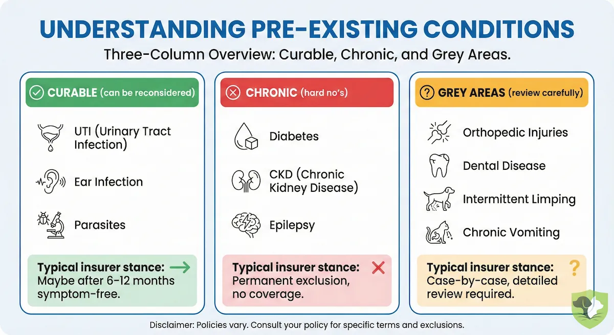 Overview of three buckets of pre-existing conditions: curable, incurable, and grey-area conditions with insurer treatment
