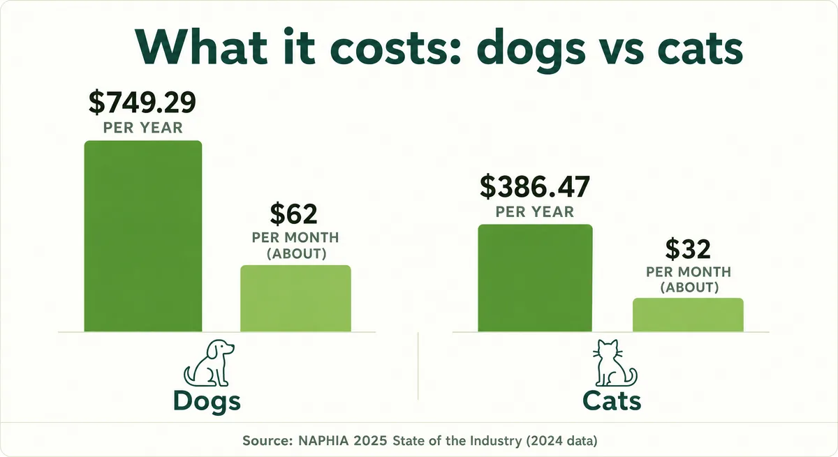 Bar chart comparing average accident-and-illness premiums for dogs versus cats, annual and monthly