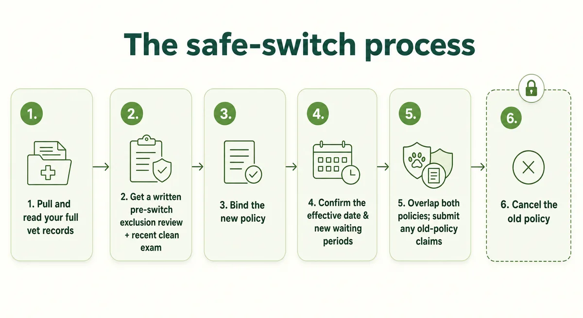Flow diagram of the safe pet-insurance switch process, ending with canceling the old policy only after the new one is active