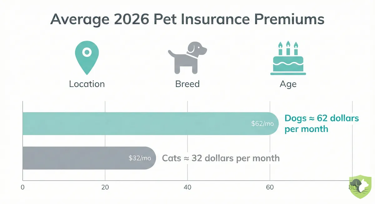 Pet insurance premium factors in 2026: Average $62/month for dogs and $32/month for cats, with breed, age, and location affecting final cost