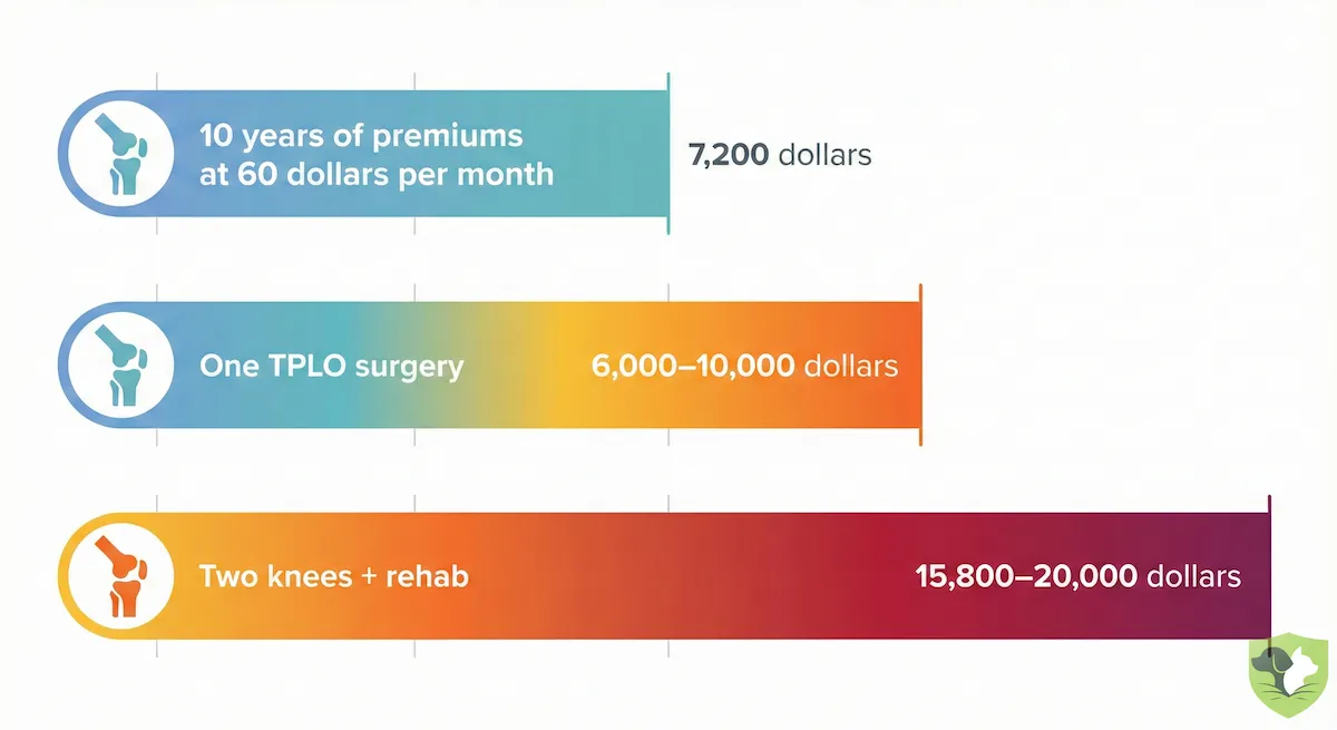TPLO surgery break-even analysis: Comparing $6,000-$10,000 surgery cost per knee against lifetime premium costs showing when insurance pays off