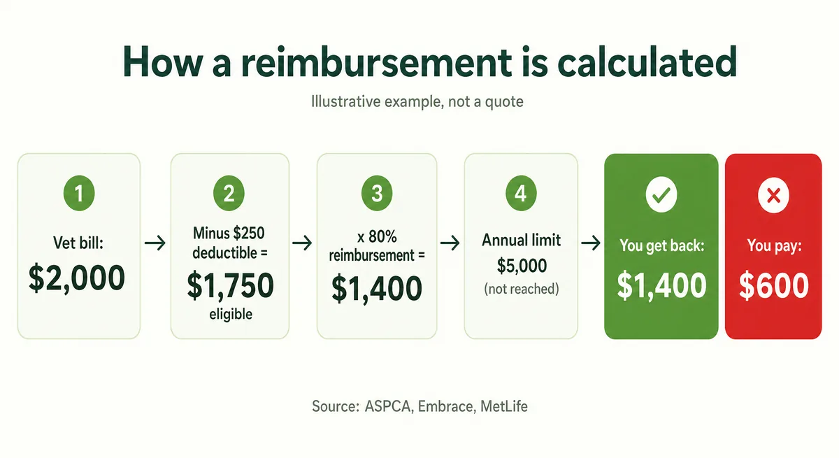 Waterfall showing a $2,000 vet bill reduced by a $250 deductible then reimbursed at 80% to $1,400 back, with $600 out of pocket