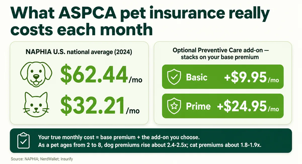 Bar chart of ASPCA base vs true monthly cost (with Preventive Care) against the NAPHIA national average