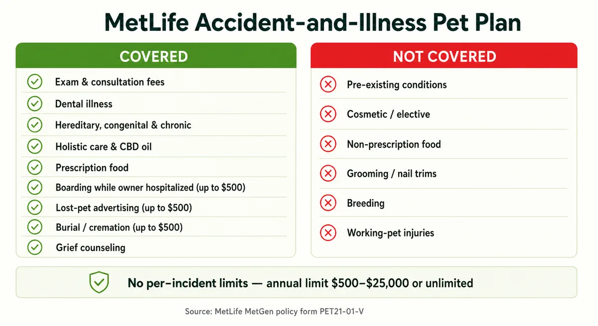 Two-column checklist of what MetLife's accident-and-illness plan covers versus what it excludes