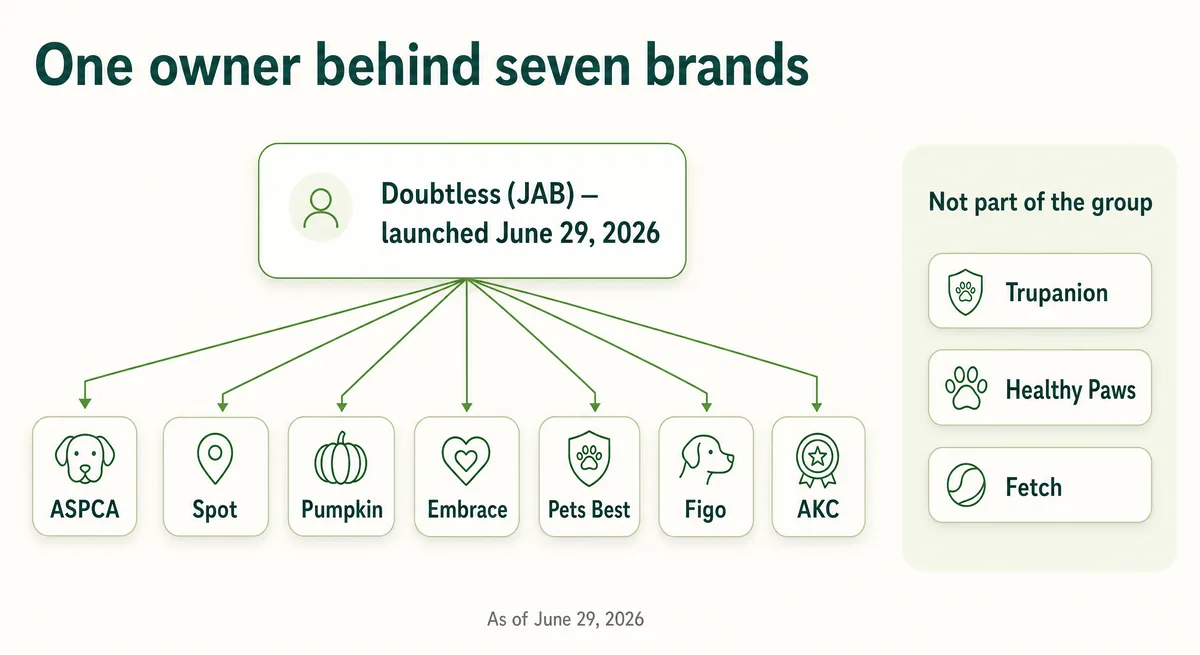 Diagram mapping U.S. pet insurance brands to their underwriters and to the single owner behind seven of them