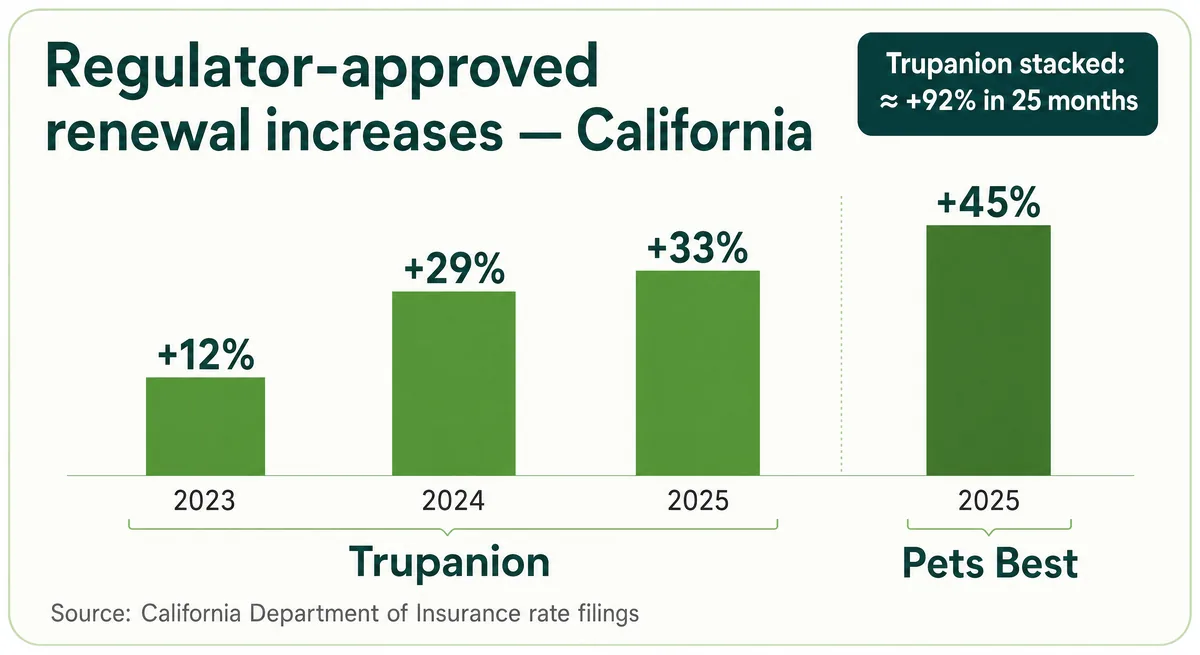 Bar chart of regulator-approved pet insurance renewal increases in California, 2023 to 2025