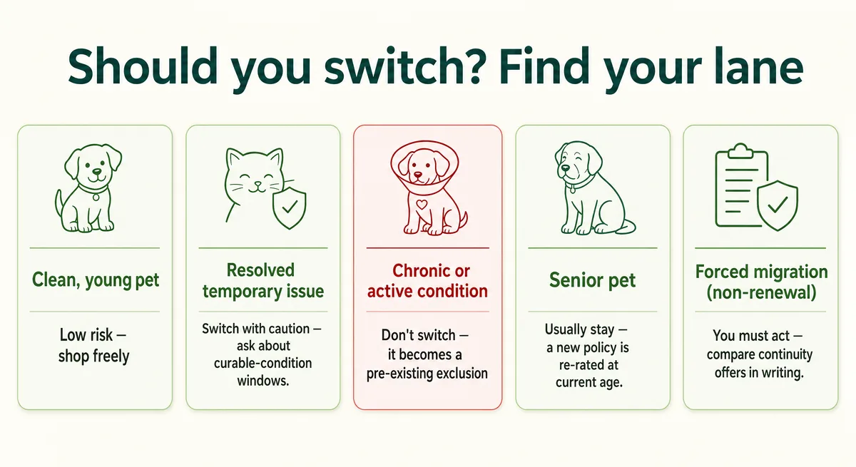Decision graphic showing five pet-history lanes and whether to switch pet insurance in each