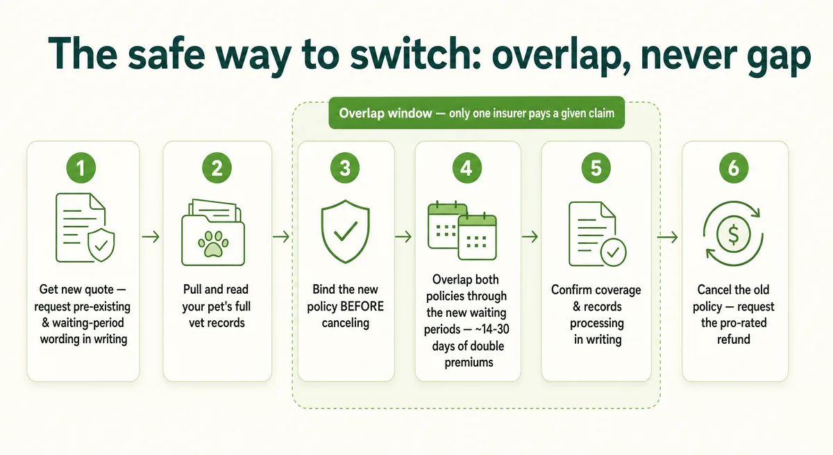 Timeline graphic of the six-step safe pet-insurance switch, highlighting the overlap window between old and new policies