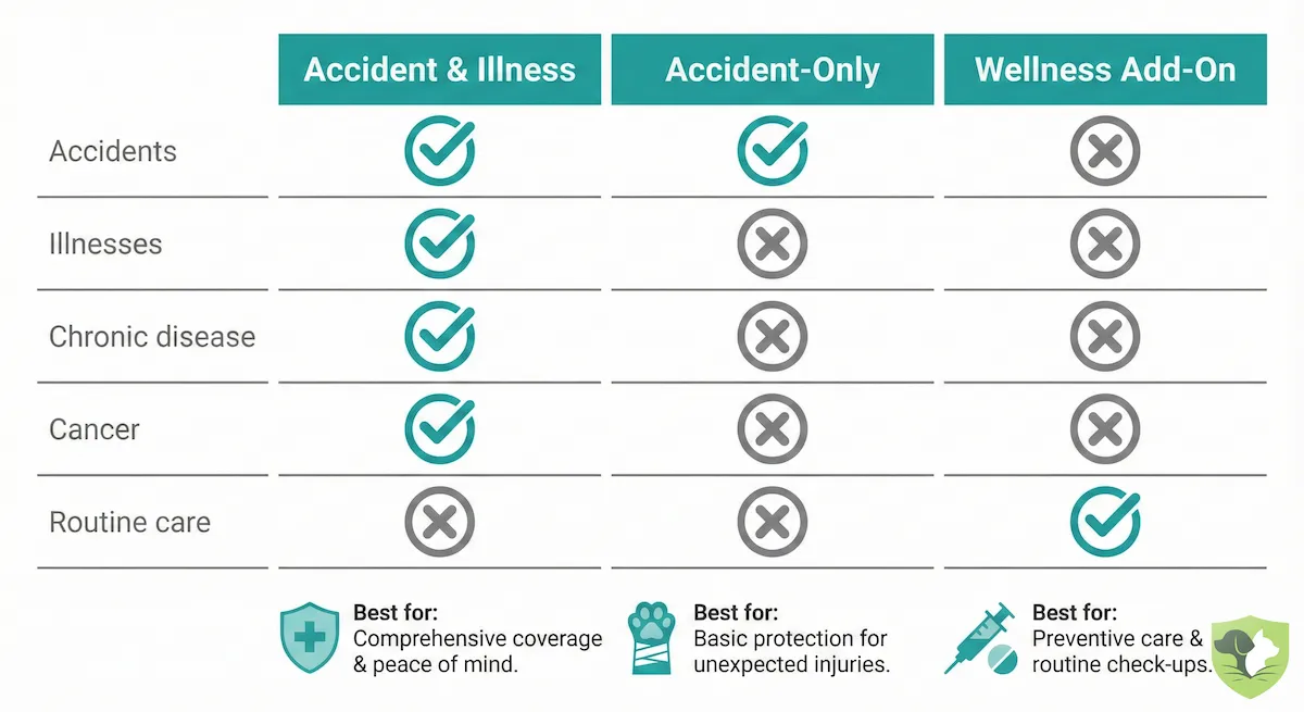 Decision guide showing when to choose Accident-Only, Accident & Illness, or Wellness pet insurance plans