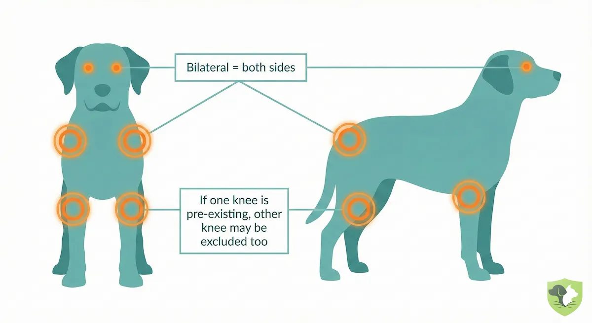 Diagram explaining bilateral exclusions in pet insurance showing how one knee or hip injury can exclude coverage for the other side