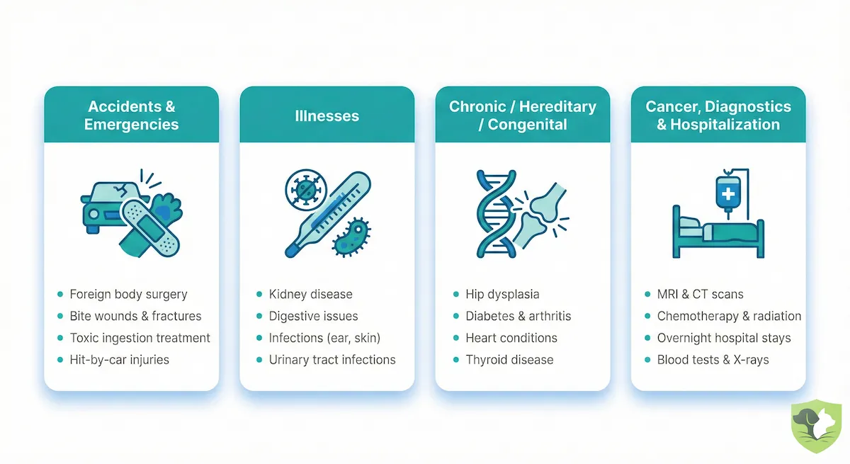 Visual breakdown of core pet insurance medical coverage: accidents, illnesses, chronic conditions, and cancer treatment