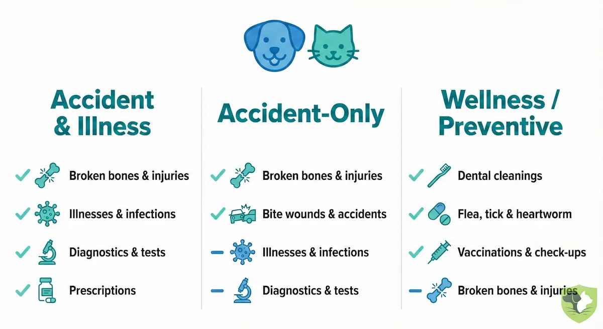 Comparison diagram of the three main types of pet insurance: Accident & Illness, Accident-Only, and Wellness plans