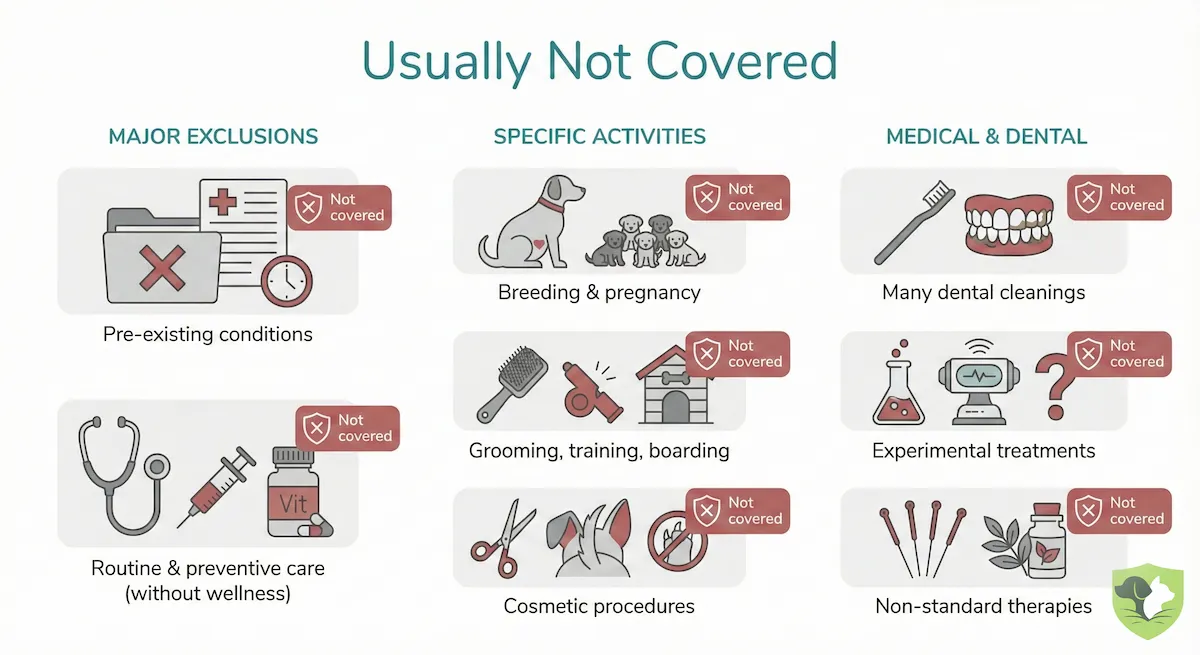List of common pet insurance exclusions including pre-existing conditions, routine care, and elective procedures